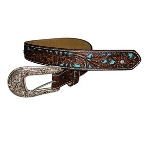 Ariat Brown and Turquoise Embossed Belt with Silver Buckle
